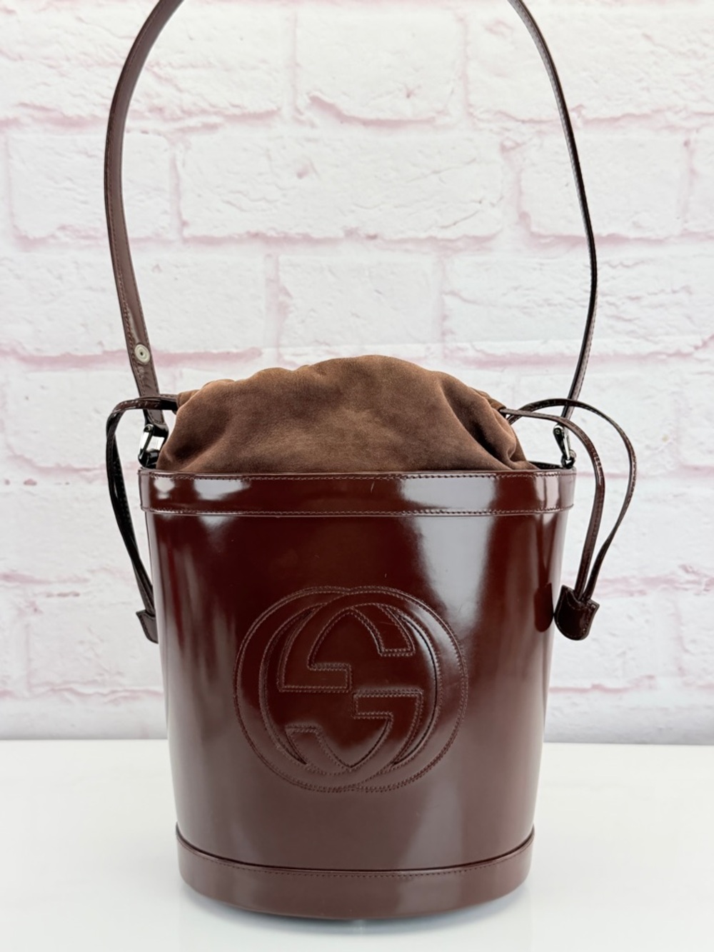 Gucci Dark Brown Patent Leather Bucket Vintage GG Bag